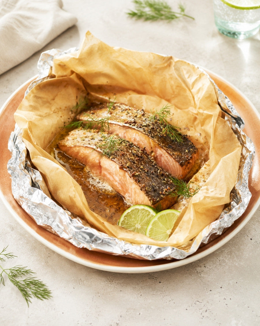 Bagt Laks i airfryer med honning, hvidløg og friske urter