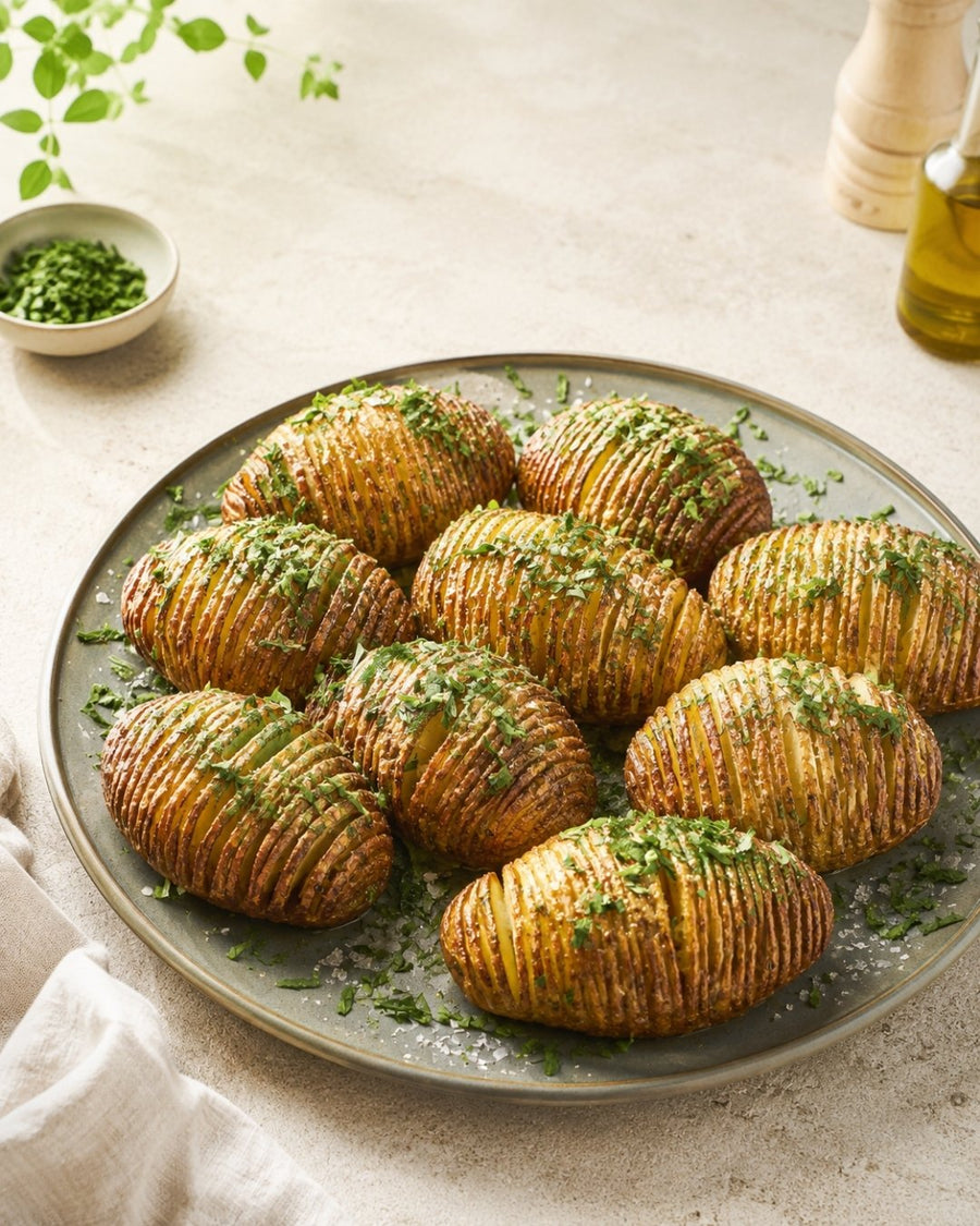 Hasselbackkartofler i airfryer med smør, hvidløg og persille