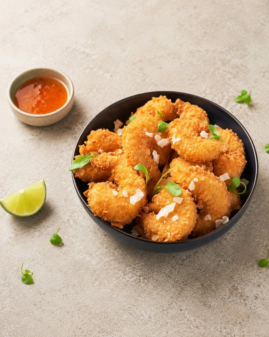 Kokosrejer i airfryer — sprøde tigerrejer paneret med kokos og panko