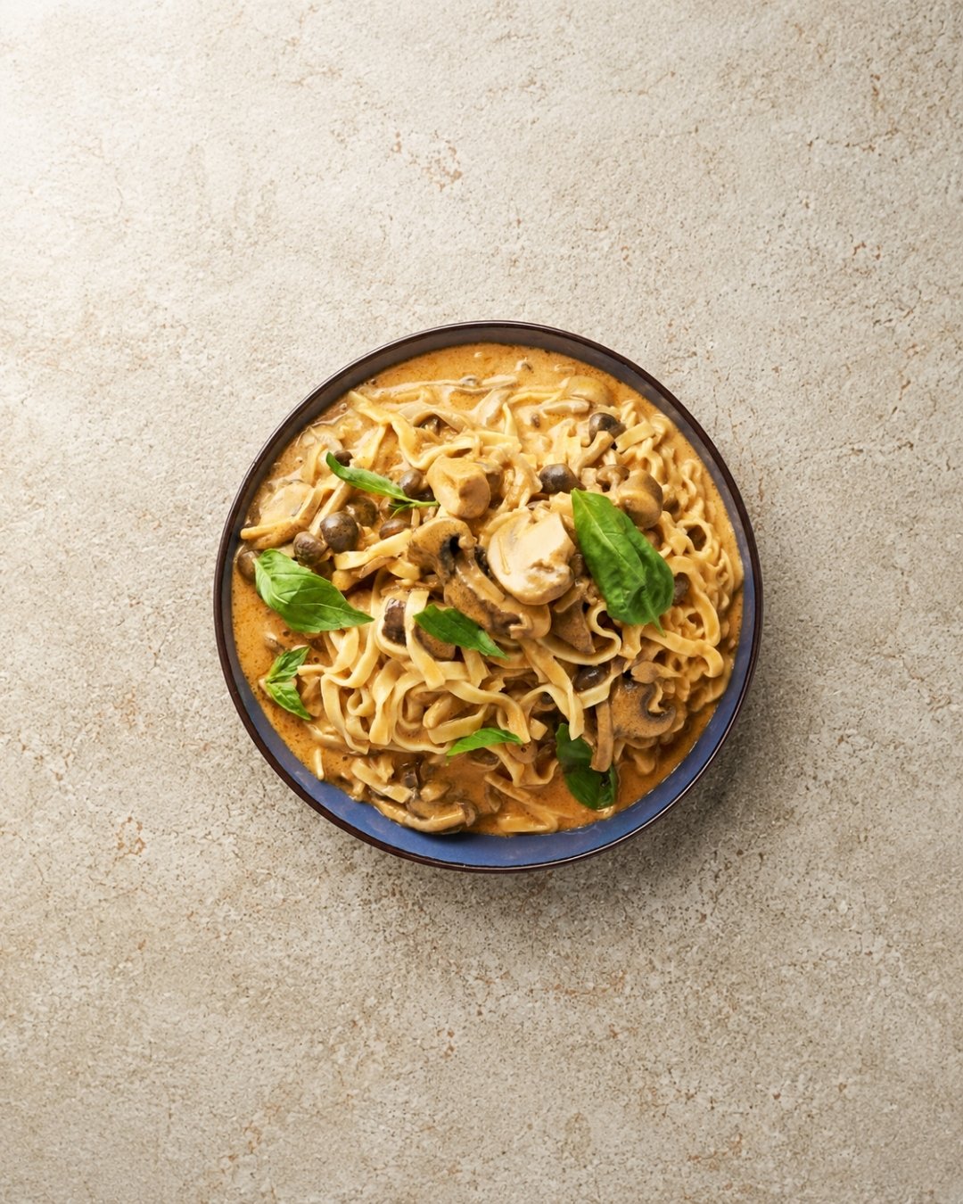 Pasta i cremet svampesovs i airfryer med basilikum