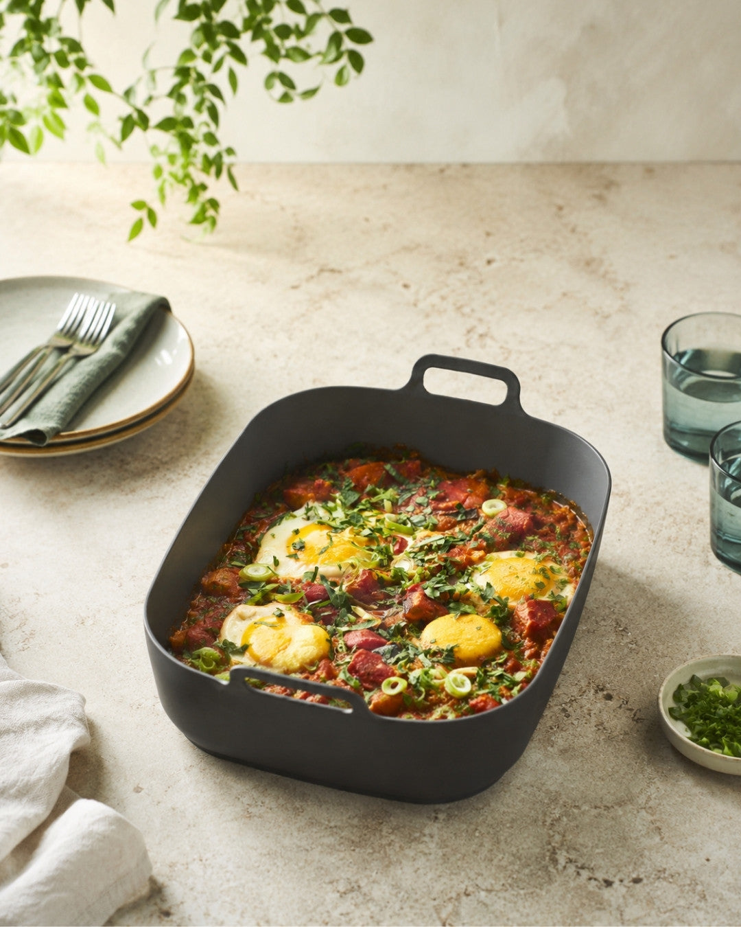 Shakshuka i airfryer — mellemøstlig æggeret med peberfrugt
