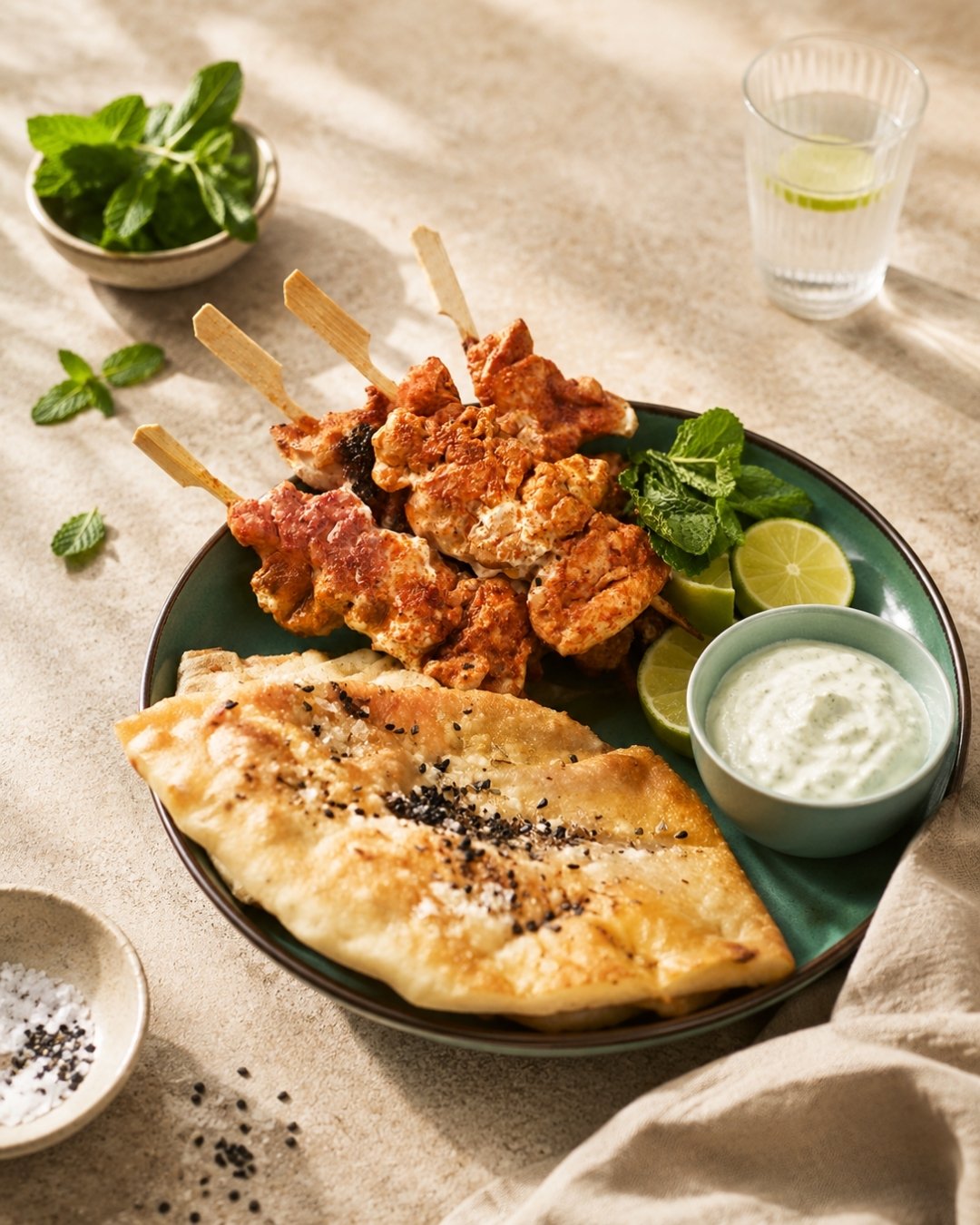 Tandoori Chicken i airfryer – krydret kyllingespyd med mynteyoghurt