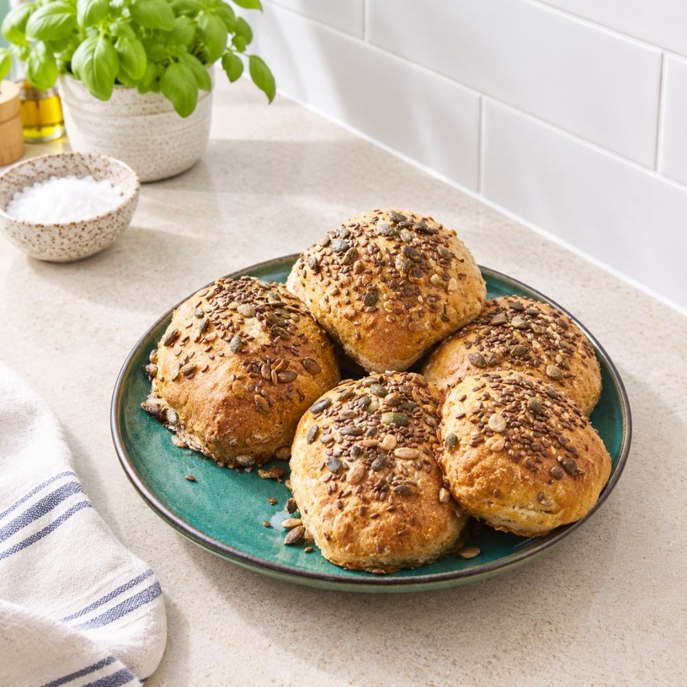 Nemme morgenbrød med kerner – koldhævede i airfryer