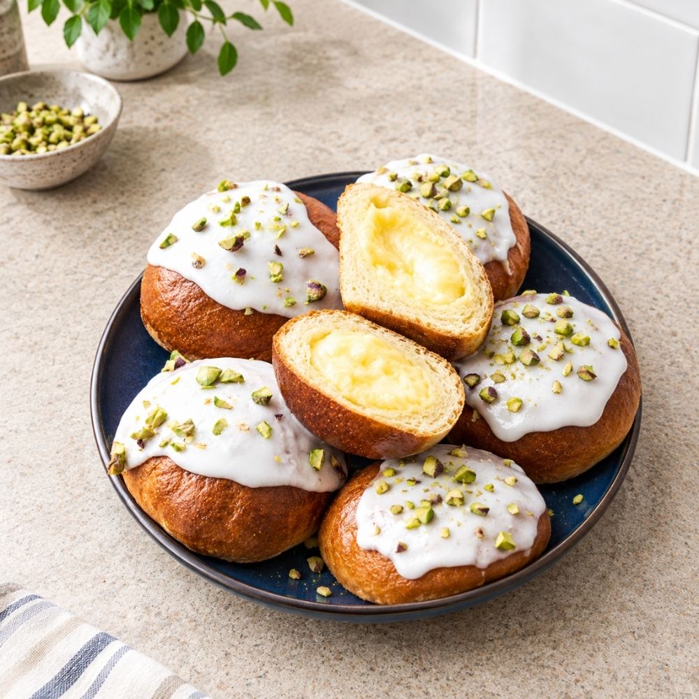 Fastelavnsboller med lemoncurd og pistacienødder i airfryer