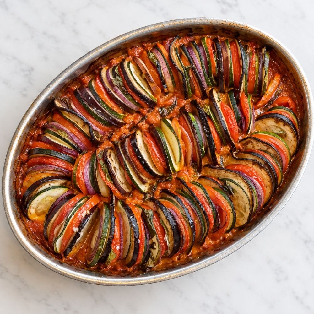 Ratatouille – med tomatsauce af tre slags tomater