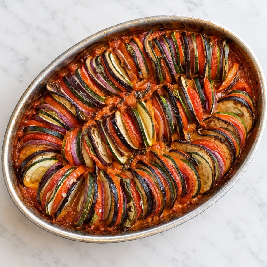 Ratatouille – med tomatsauce af tre slags tomater