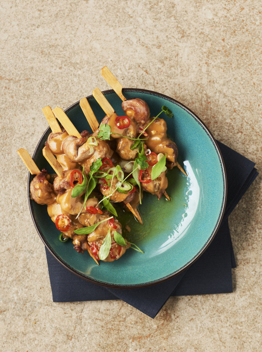 Satay-Spyd i airfryer med peanutbutter-sauce