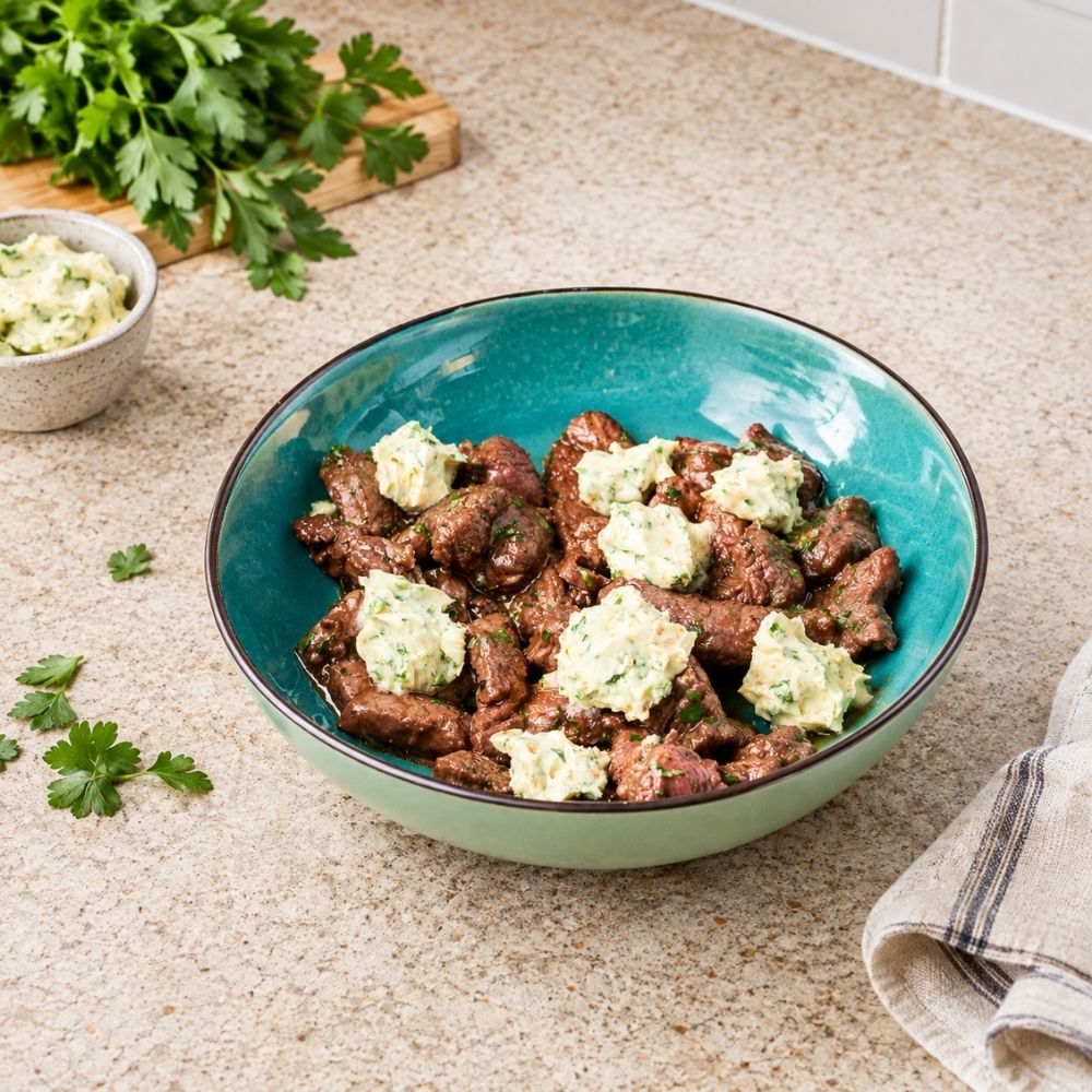 Steak bites med hvidløgssmør – møre bøfbidder i airfryer
