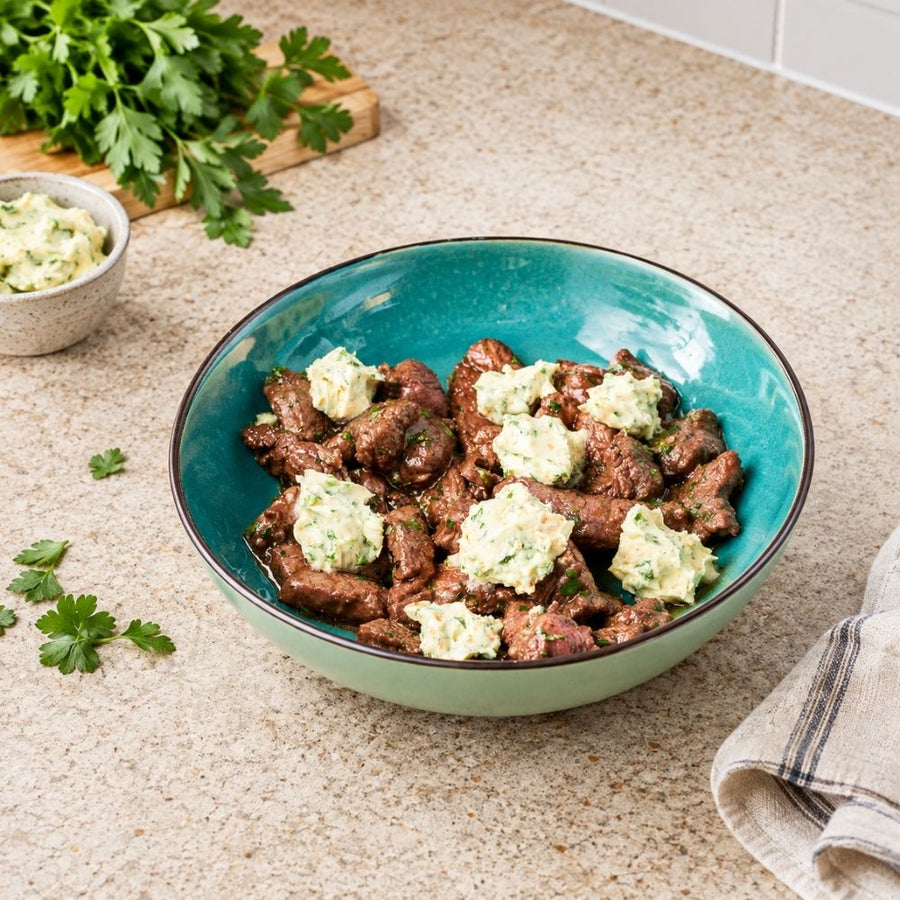 Steak bites med hvidløgssmør – møre bøfbidder i airfryer