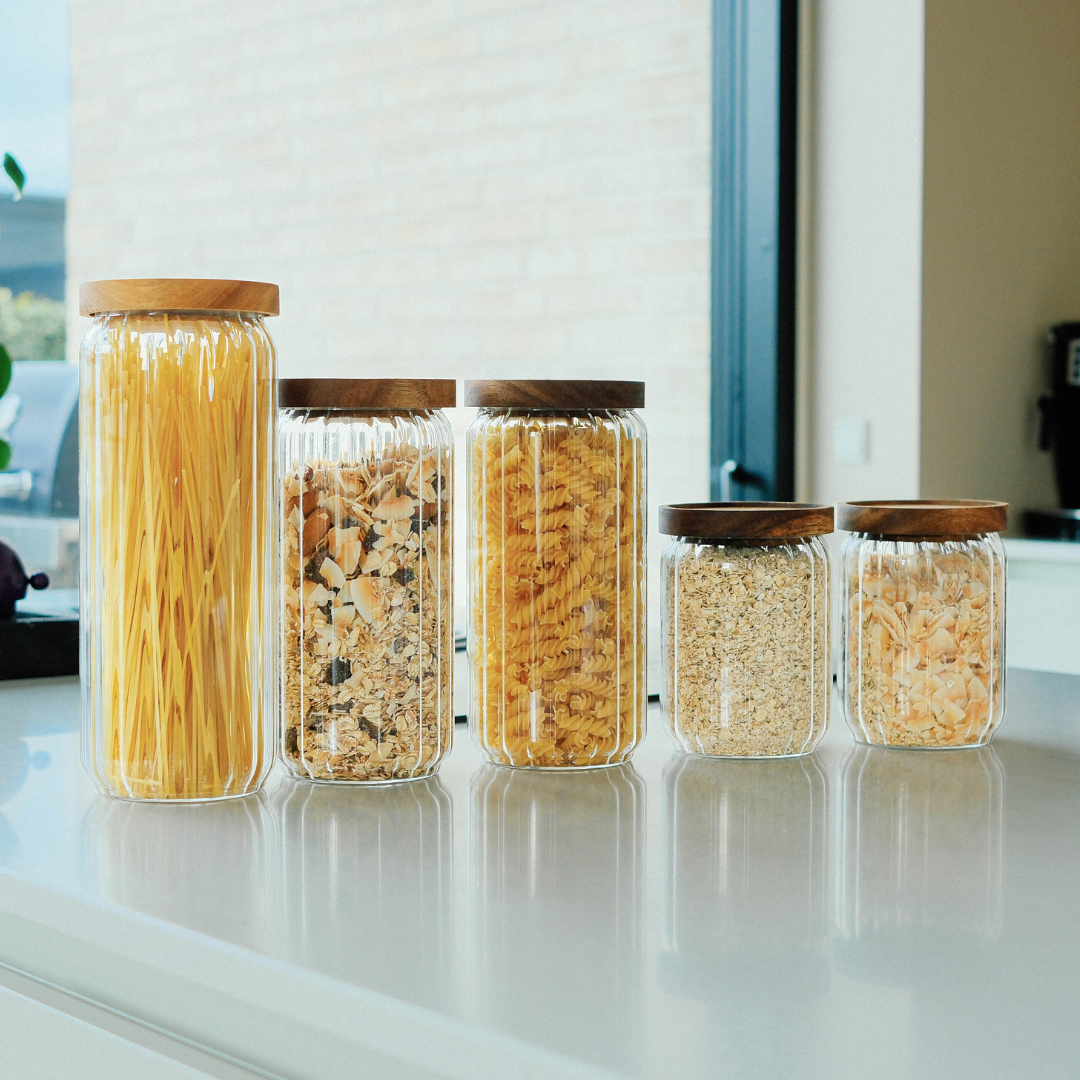 Opbevaringsbøtter i glas med trælåg - 5 pak