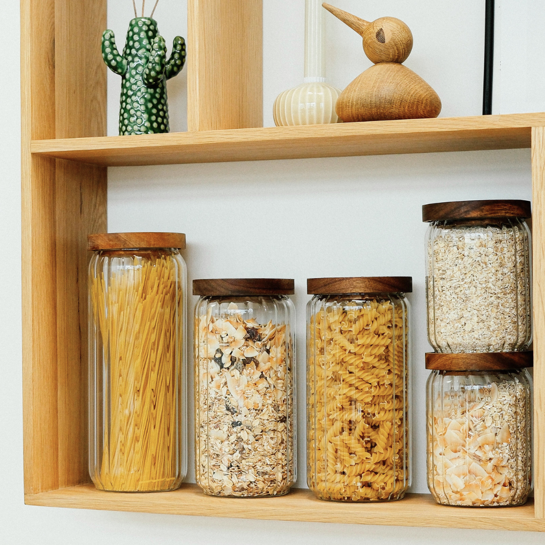Opbevaringsbøtter i glas med trælåg - 5 pak
