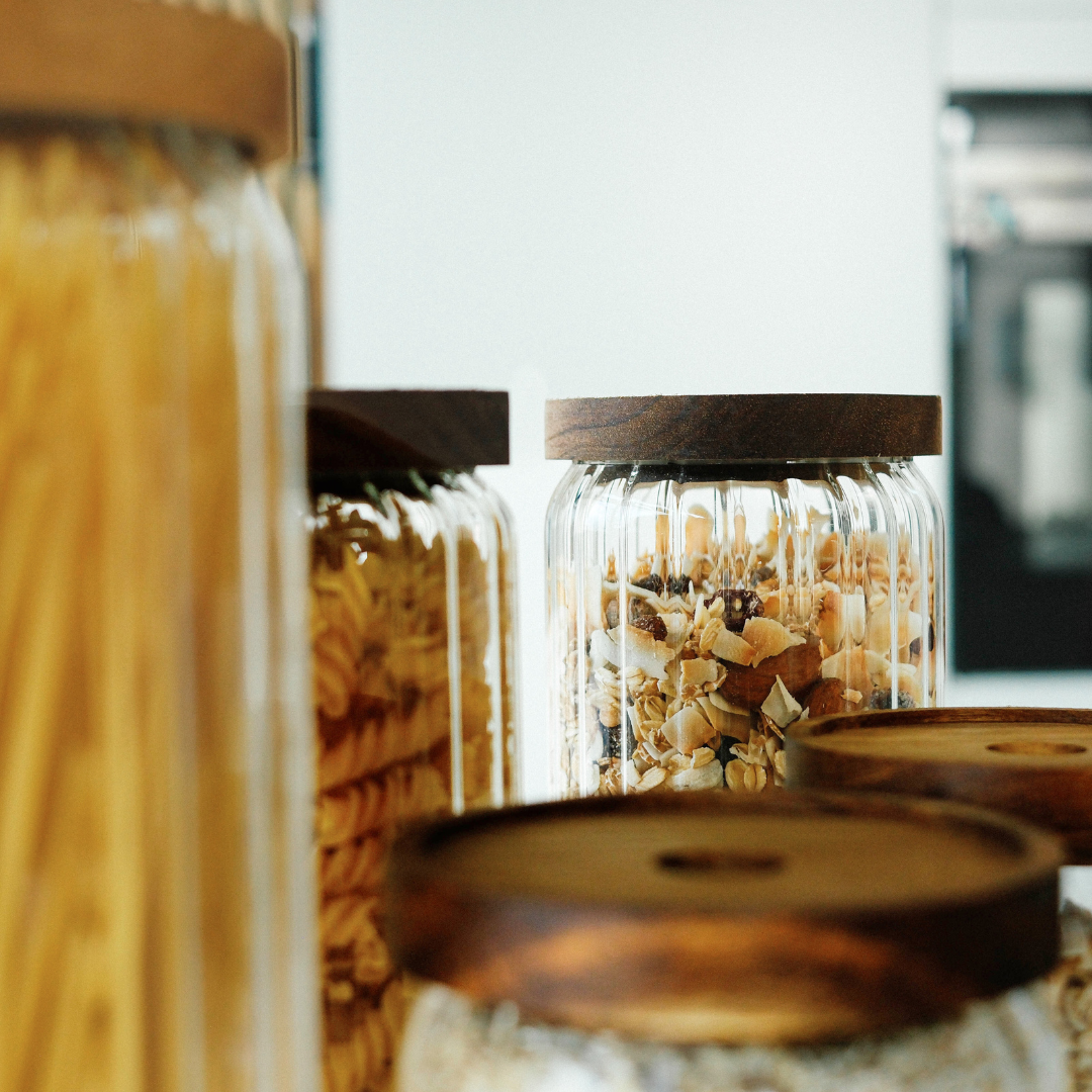 Opbevaringsbøtter i glas med trælåg - 5 pak