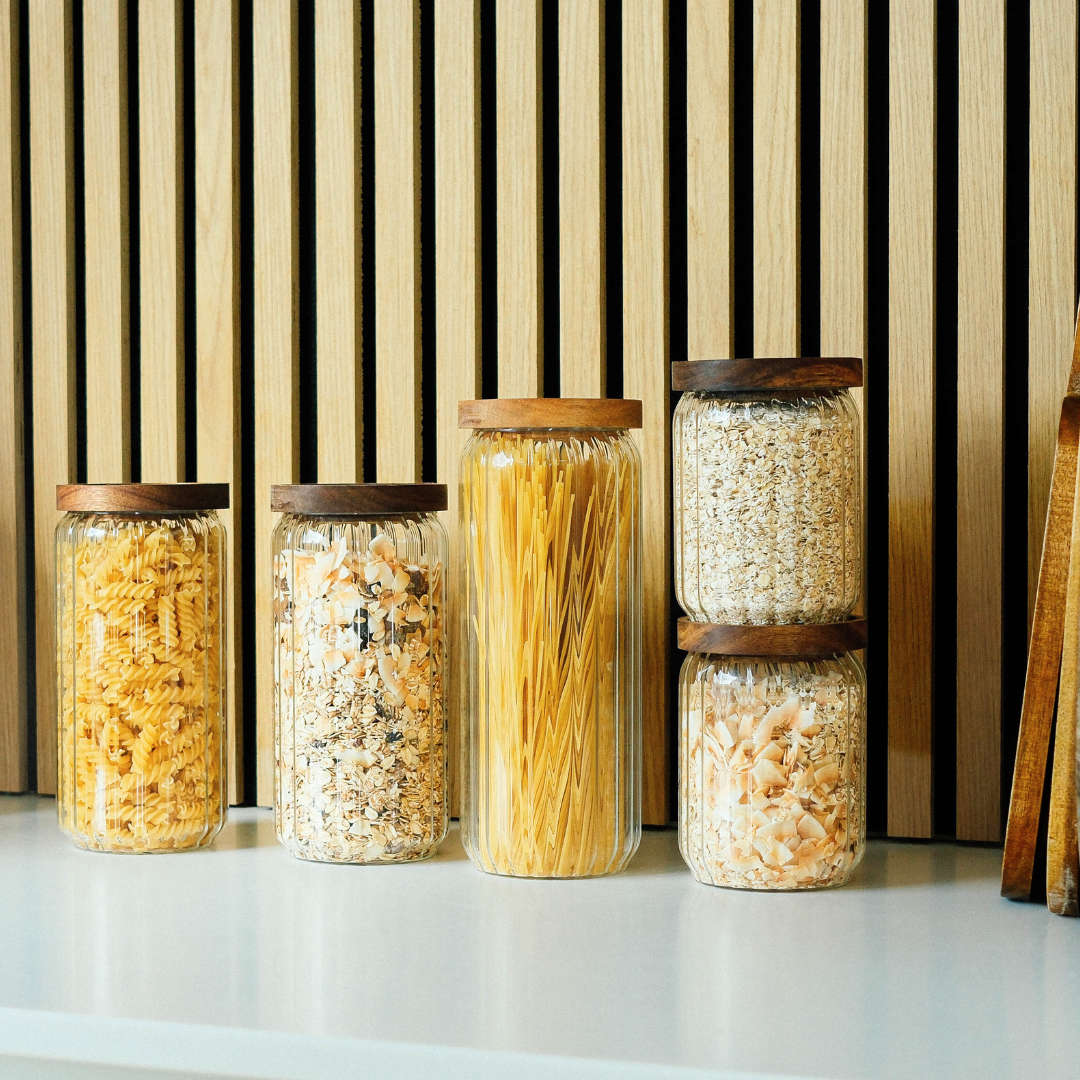 Opbevaringsbøtter i glas med trælåg - 5 pak