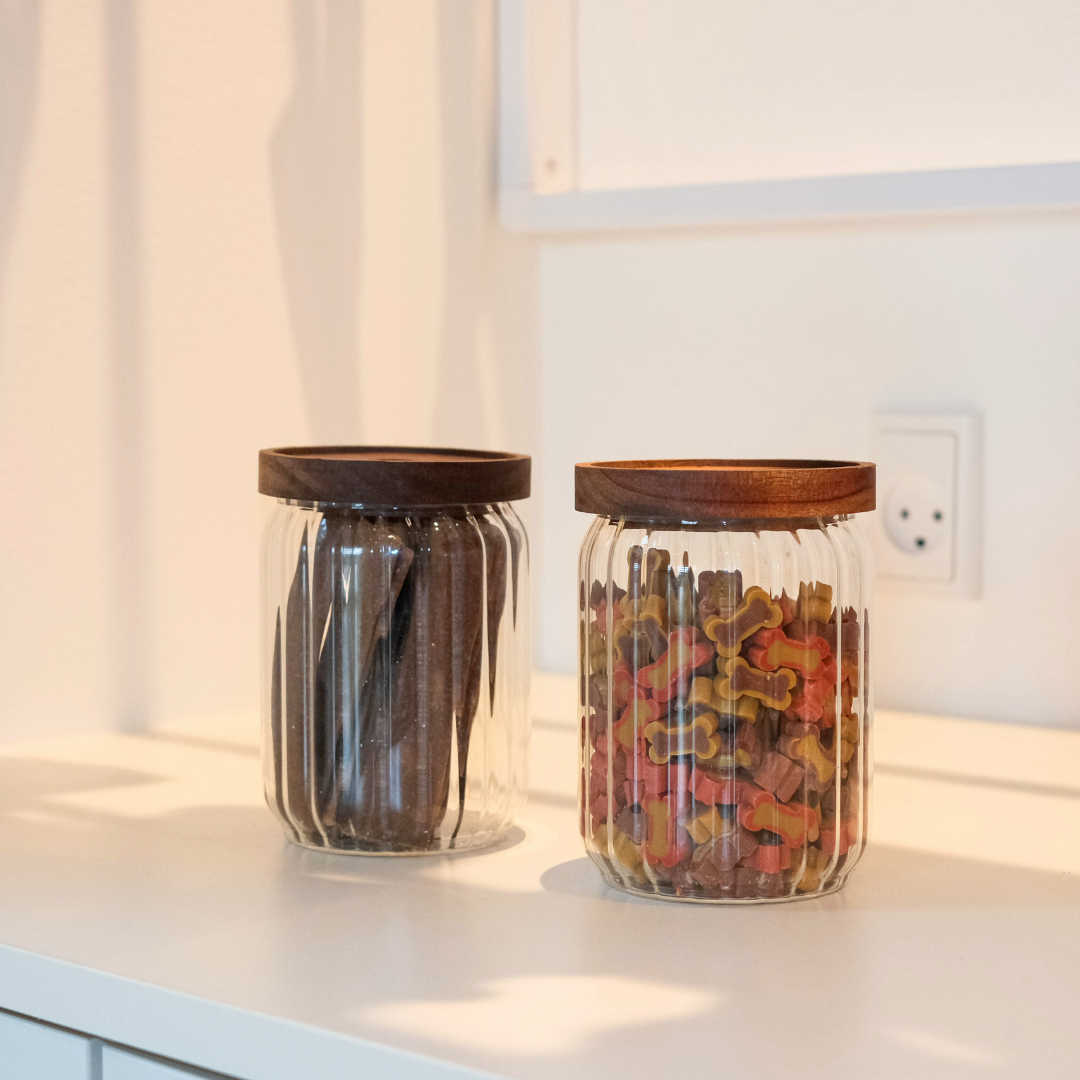 Opbevaringsbøtter i glas med trælåg - 5 pak