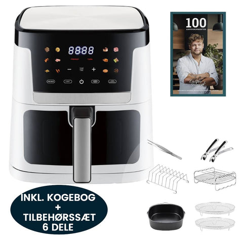 Digital Airfryer 7 Liter, Hvid - 1800W  + Tilbehør Sæt 6 Dele + Kogebog