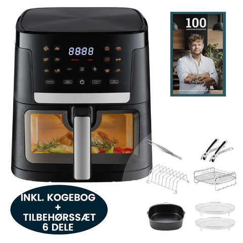 Digital Airfryer 7 Liter, Sort - 1800W  + Tilbehør Sæt 6 Dele + Kogebog