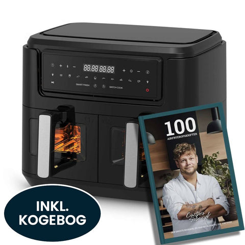 Dual Zone Airfryer 9 Liter, Sort - 2400W + Kogebog - 100 Airfryer Opskrifter