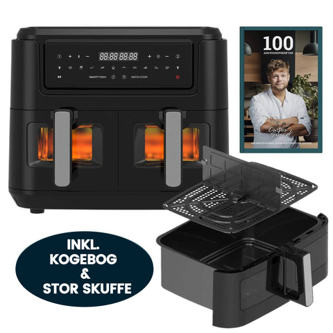 Dual Zone Airfryer 9 Liter, Sort - 2400W + 10,5 Liters Kurv, Sort + Kogebog