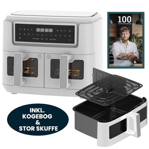 Dual Zone Airfryer 9 Liter, Hvid - 2400W + 10,5 Liters Kurv, Hvid + Kogebog