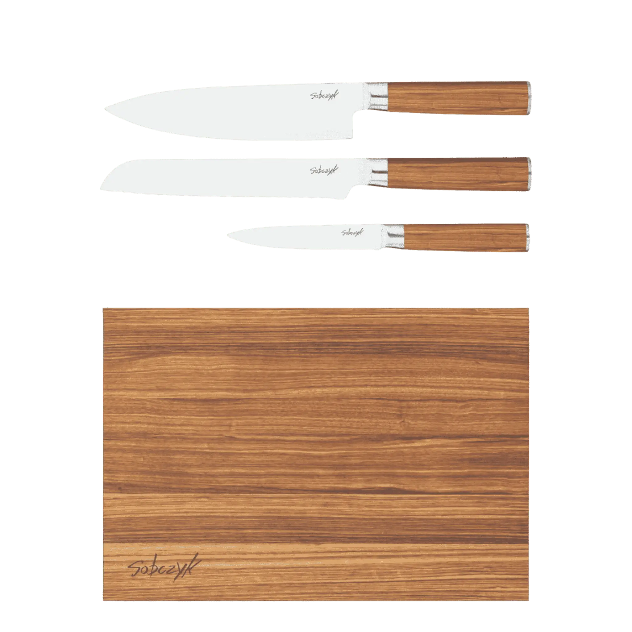 Sæt Med 3 Knive + Skærebræt i Zebratræ