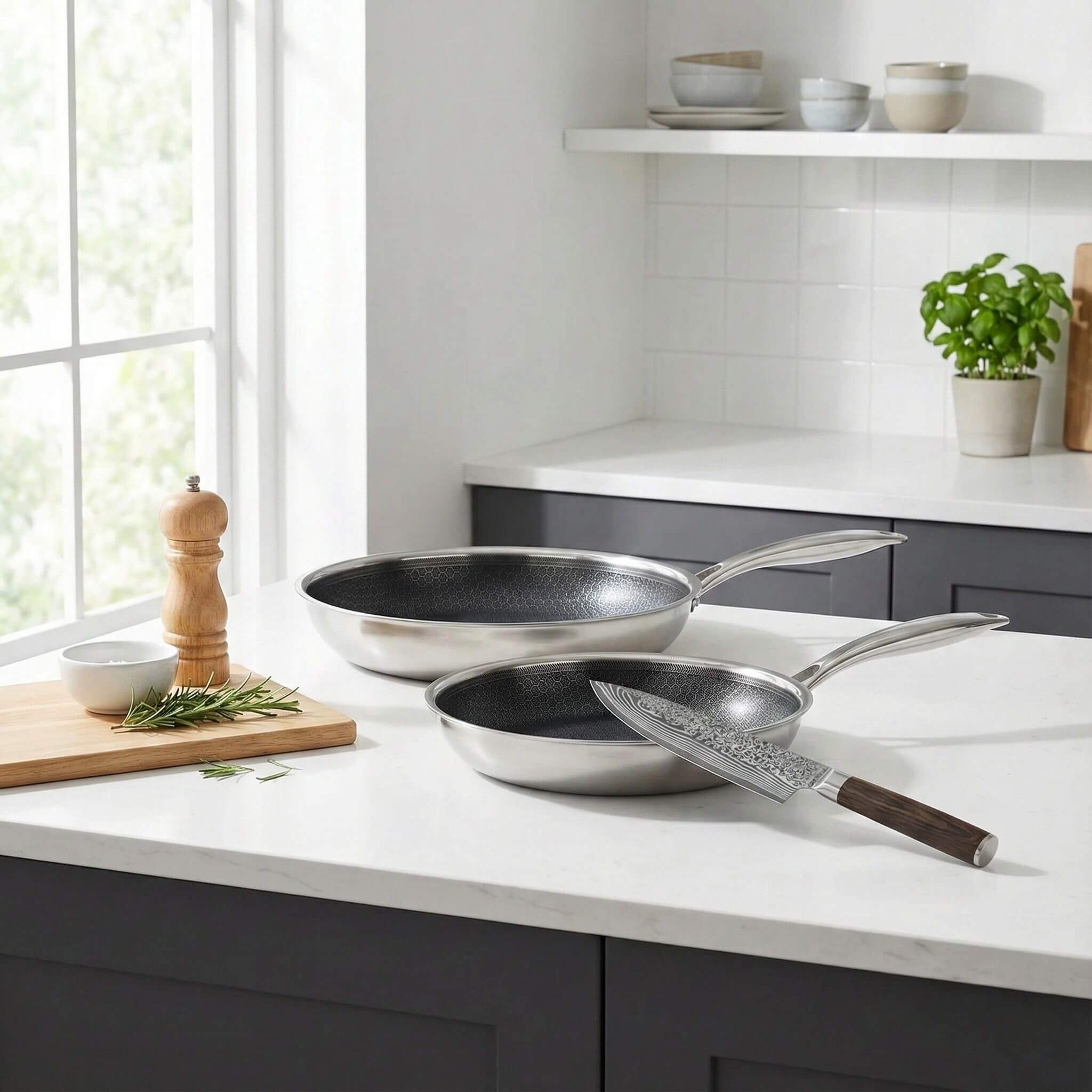 Hybrid Stegepandesæt Ø24 + Ø28 + Damaskus Kokkekniv