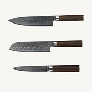 Damaskus knivsæt med Utilitykniv 13 cm, Kokkekniv 20 cm og Santokukniv 18 cm