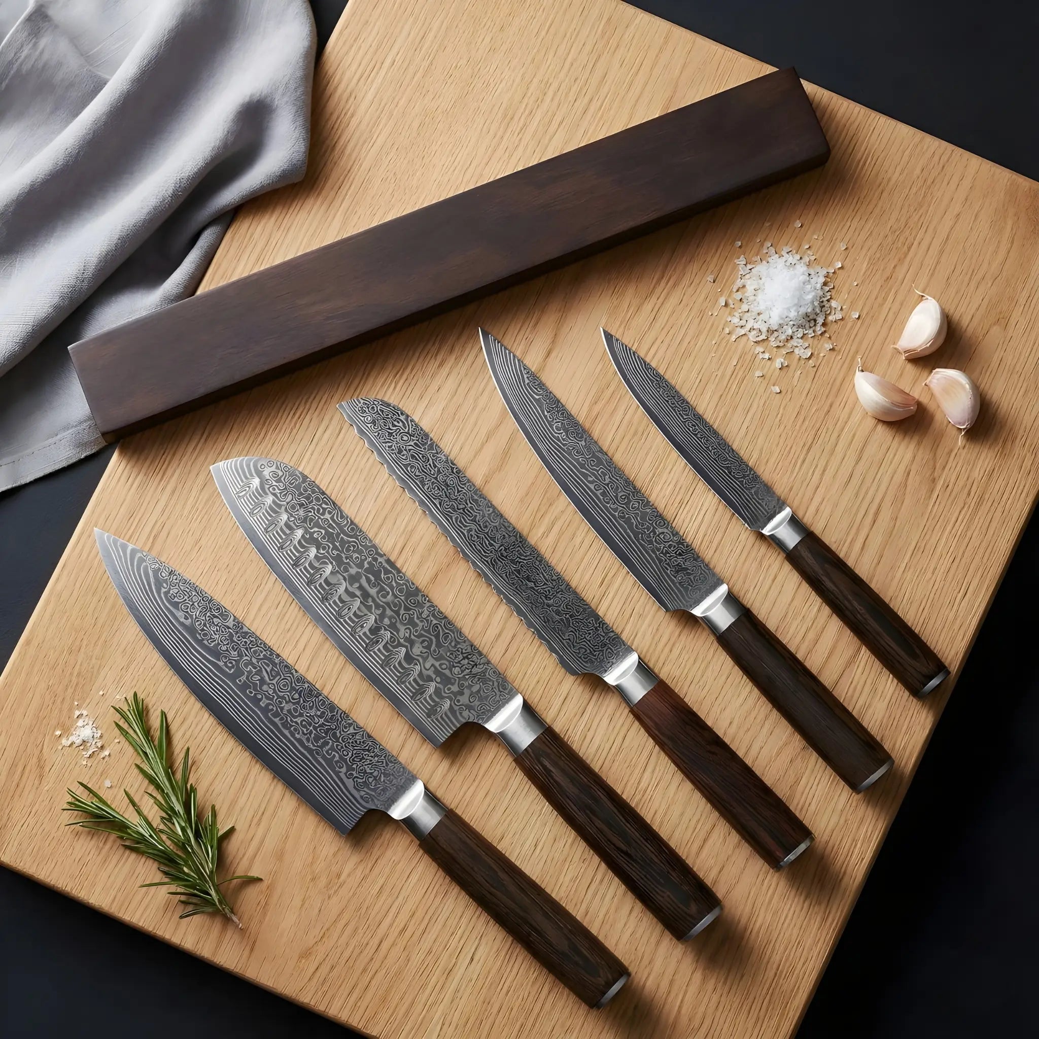 Komplet Damaskus knivsæt med fem knive
